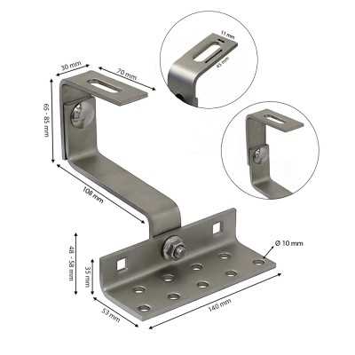 Inox A2 Adjustable Solar hook for roofs 140x56x3mm