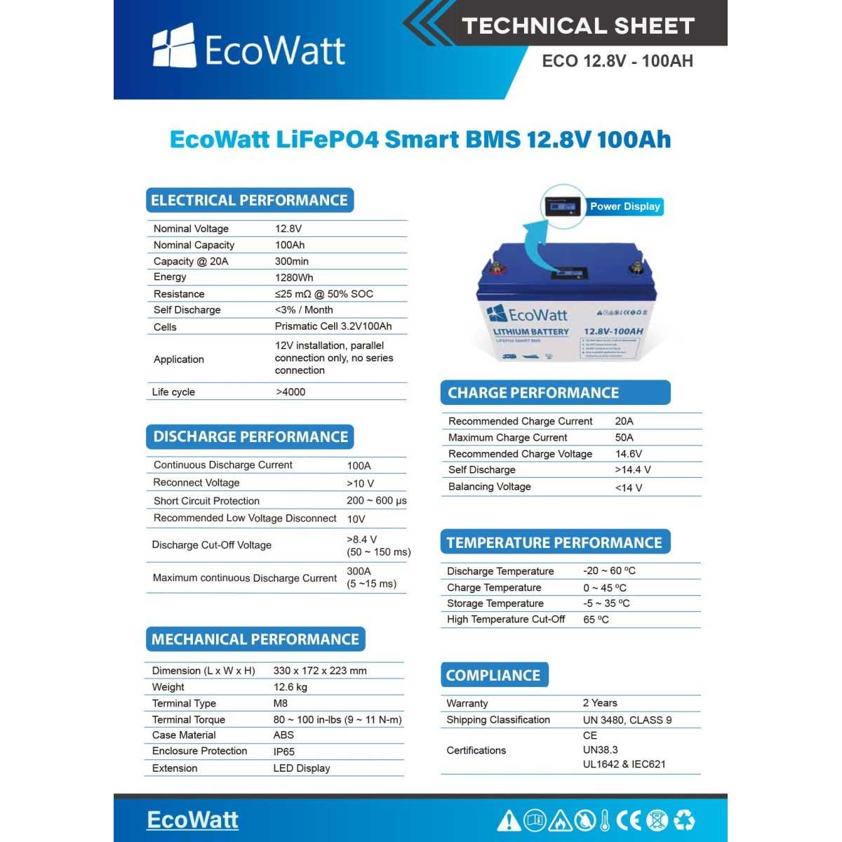 Ecowatt Batteria al Litio LiFePO4 12.8V 100Ah BMS Smart integrato