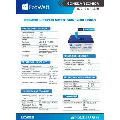 Ecowatt Batteria al Litio LiFePO4 12.8V 100Ah BMS Smart integrato