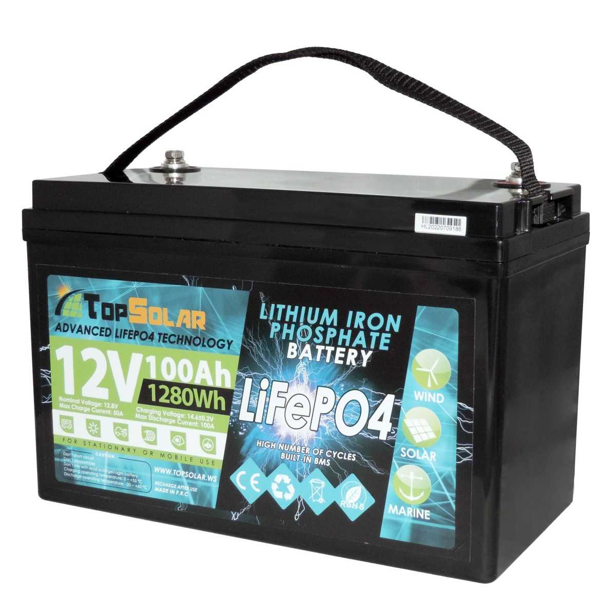 TopSolar LiFePO4 12.8V 100Ah Lithium Battery Built-in Smart BMS