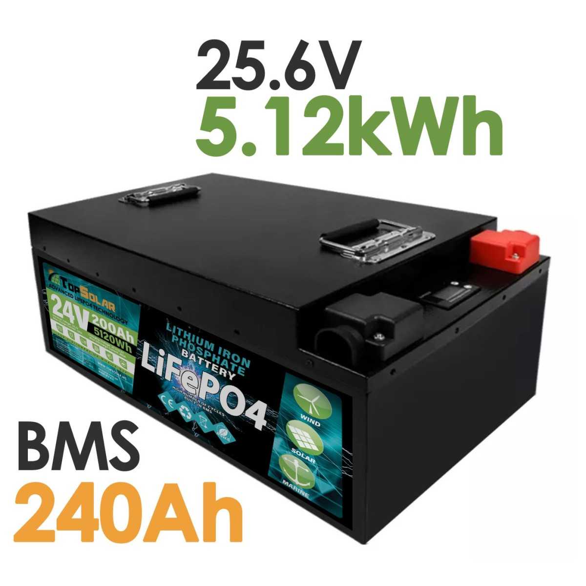 TopSolar Lithium Battery 5,12kWh LiFePO4 25,6V 200Ah Integrated BMS 240AH Smart