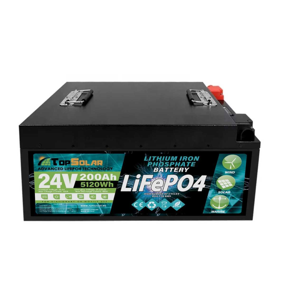 TopSolar Lithium Battery 5,12kWh LiFePO4 25,6V 200Ah Integrated BMS 240AH Smart